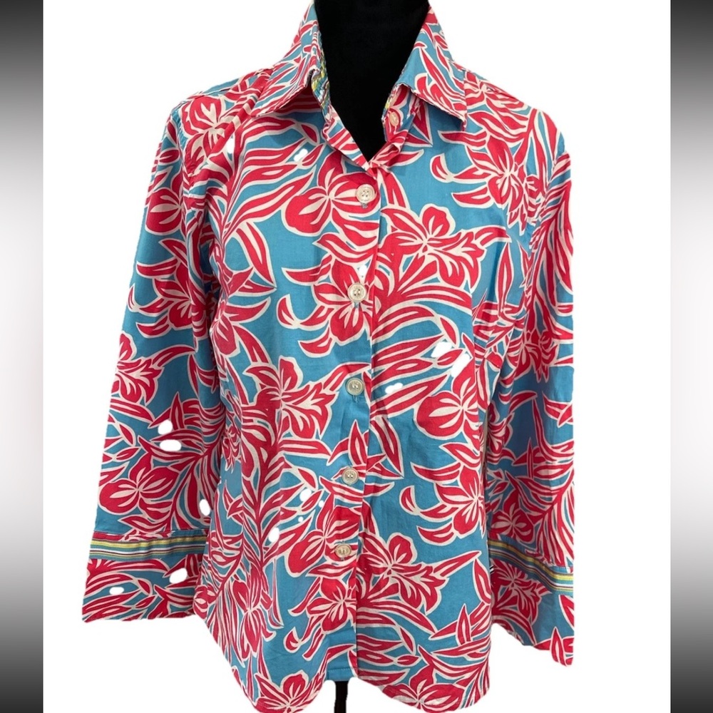 Izod ladies red blue white tropical print cotton stretch casual shirt size large
